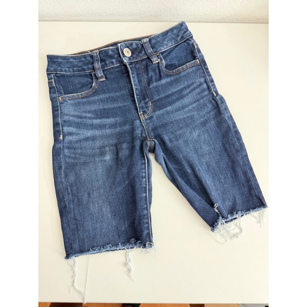 American Eagle Next Level Stretch Denim Bermuda Shorts Dark Wash‎ Raw Hem Size 0